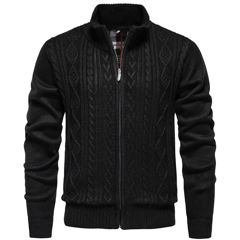 Men's Cable Knit Cardigan with Stand-Up Collar