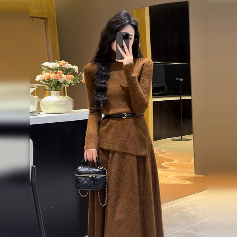Asymmetrical Hem Knitted Midi Dress with Belt