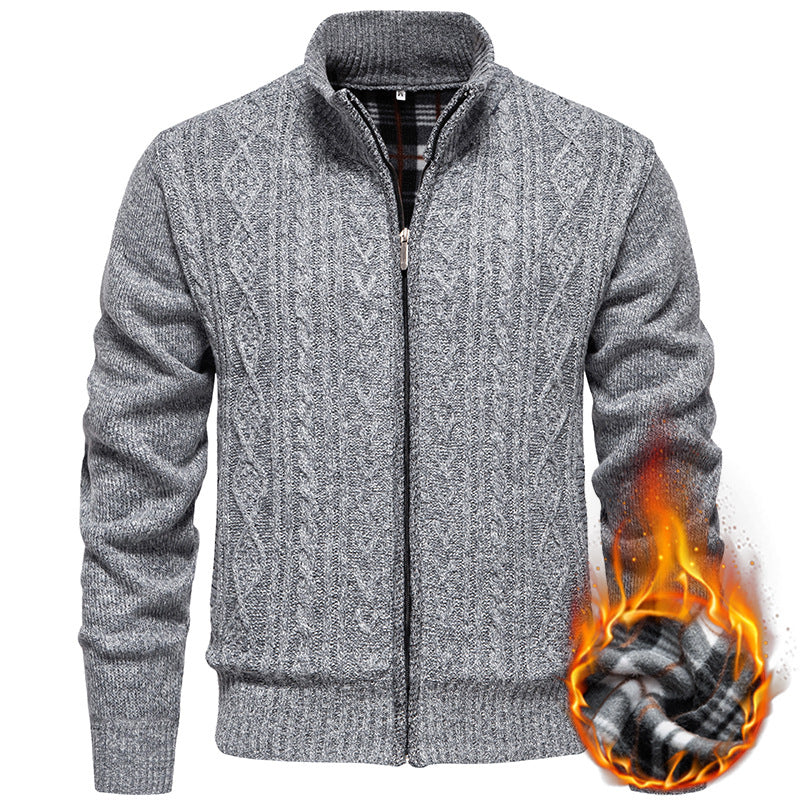 Men's Cable Knit Cardigan with Stand-Up Collar