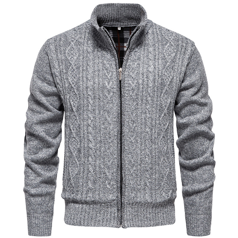 Men's Cable Knit Cardigan with Stand-Up Collar