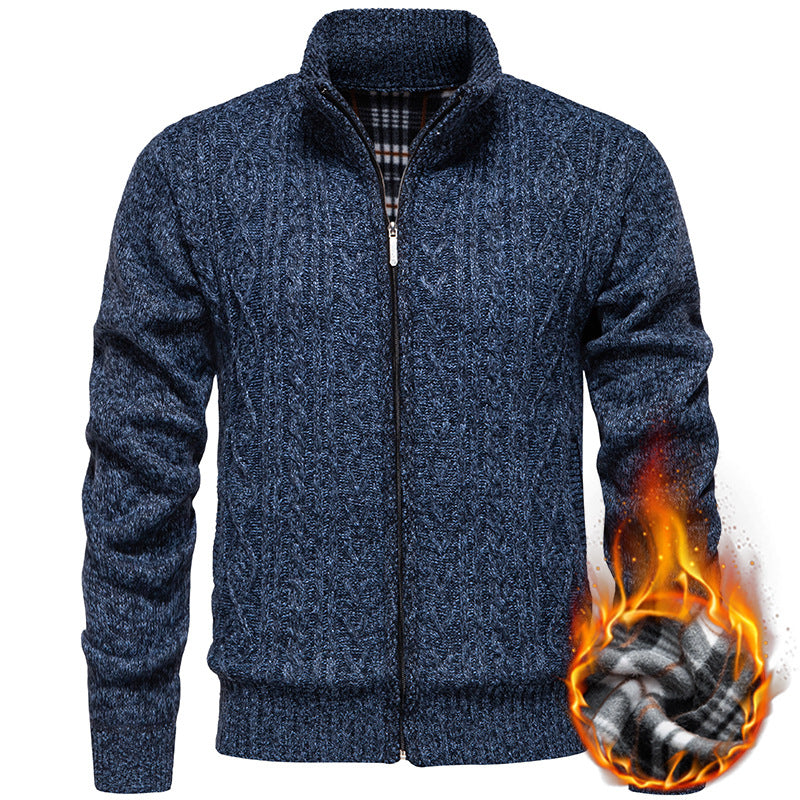 Men's Cable Knit Cardigan with Stand-Up Collar