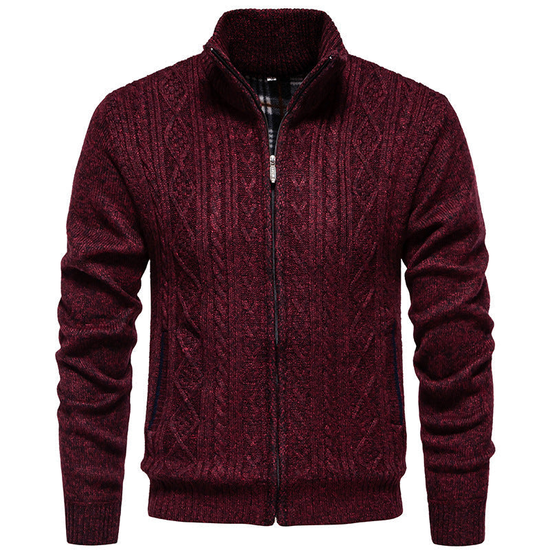 Men's Cable Knit Cardigan with Stand-Up Collar