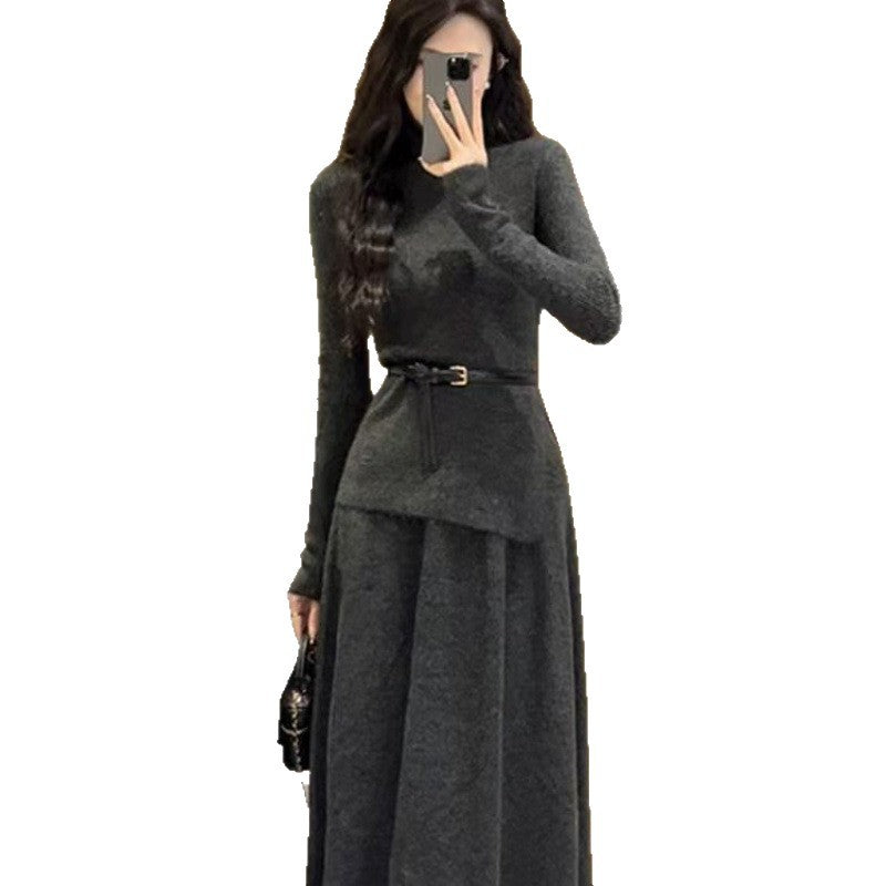 Asymmetrical Hem Knitted Midi Dress with Belt