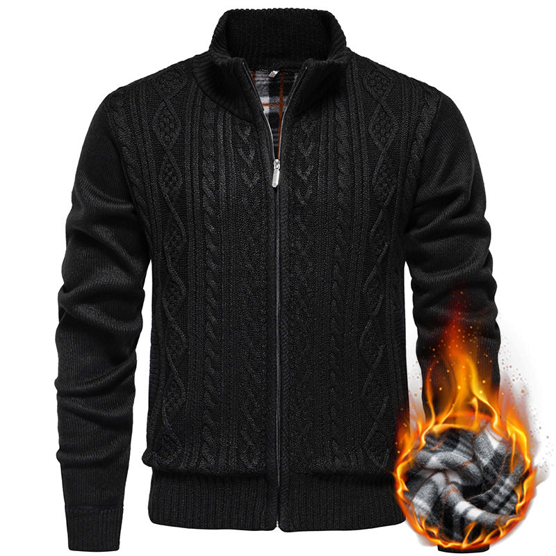 Men's Cable Knit Cardigan with Stand-Up Collar