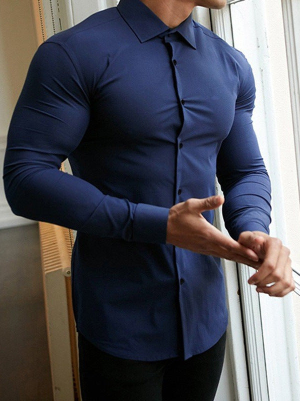 Men's Slim Fit Long Sleeve Non-Iron Shirt with Button Placket