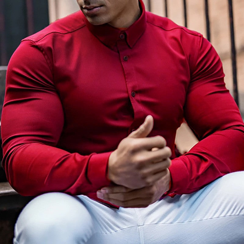 Men's Slim Fit Long Sleeve Non-Iron Shirt with Button Placket