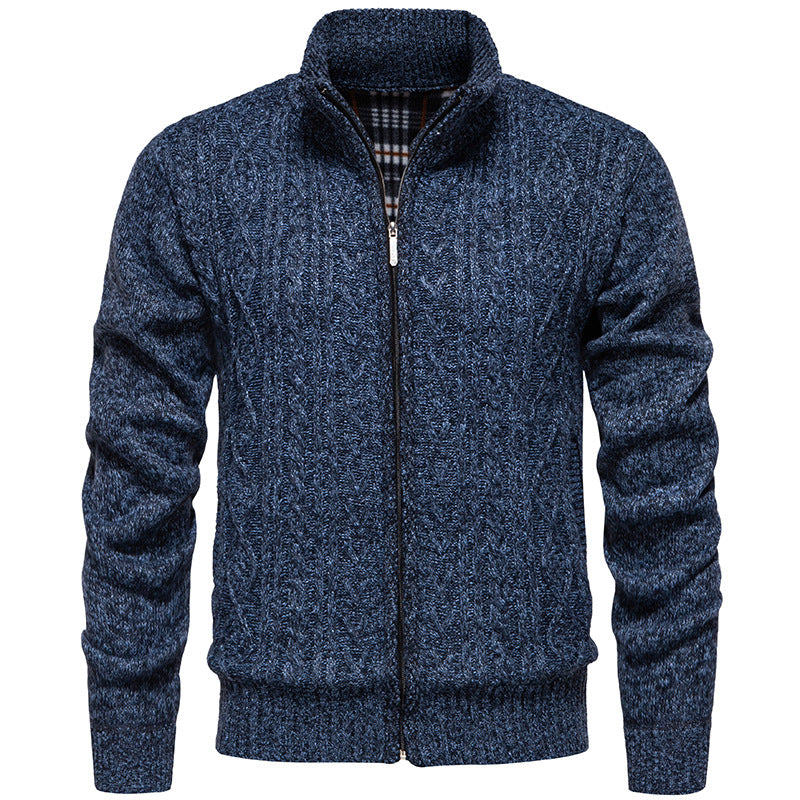 Men's Cable Knit Cardigan with Stand-Up Collar