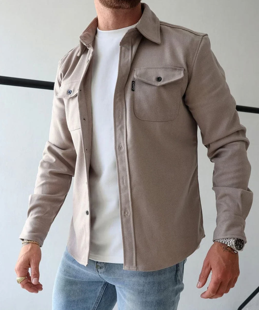 Men's Long-Sleeve Overshirt with Button Placket and Chest Pockets