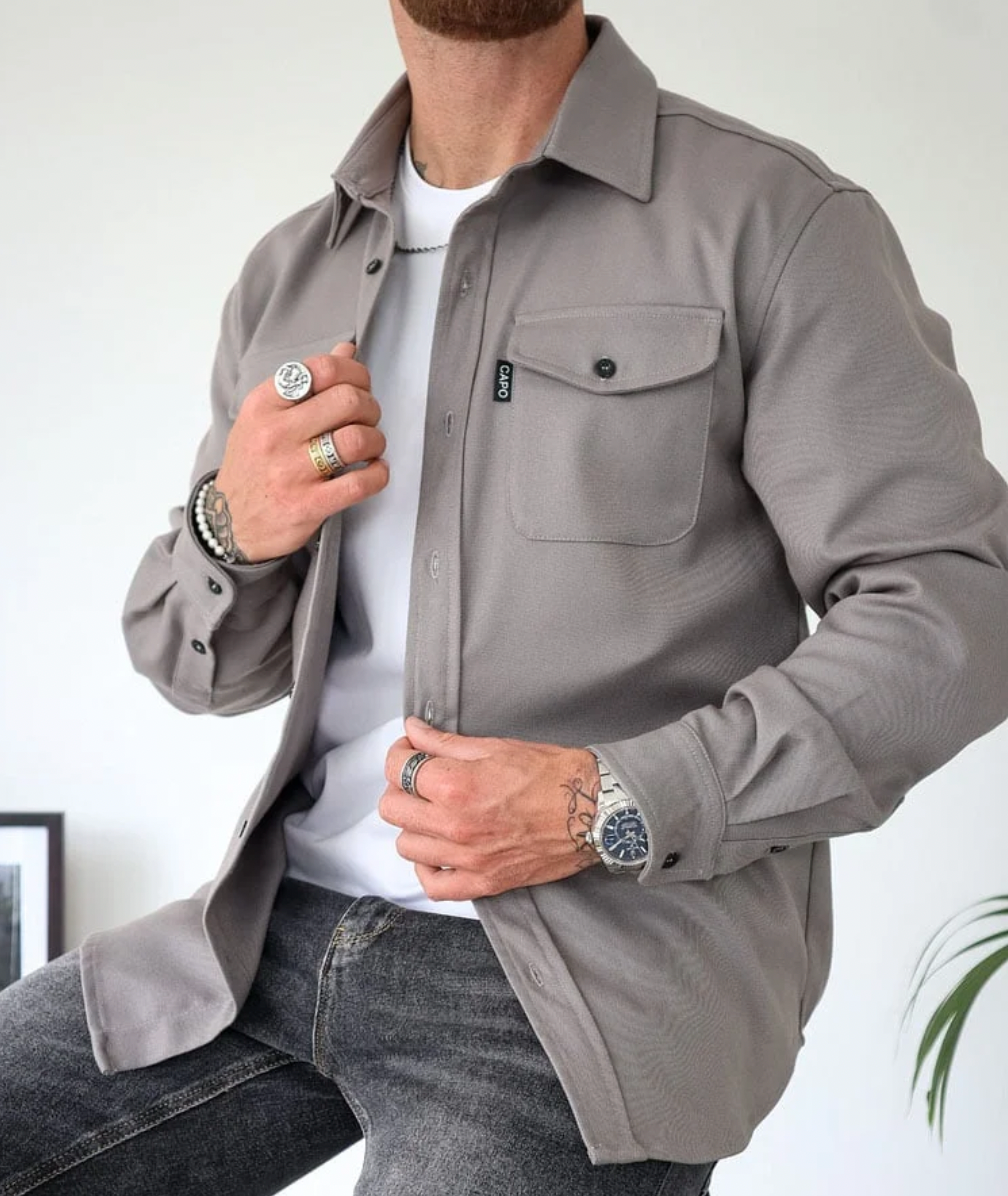 Men's Long-Sleeve Overshirt with Button Placket and Chest Pockets