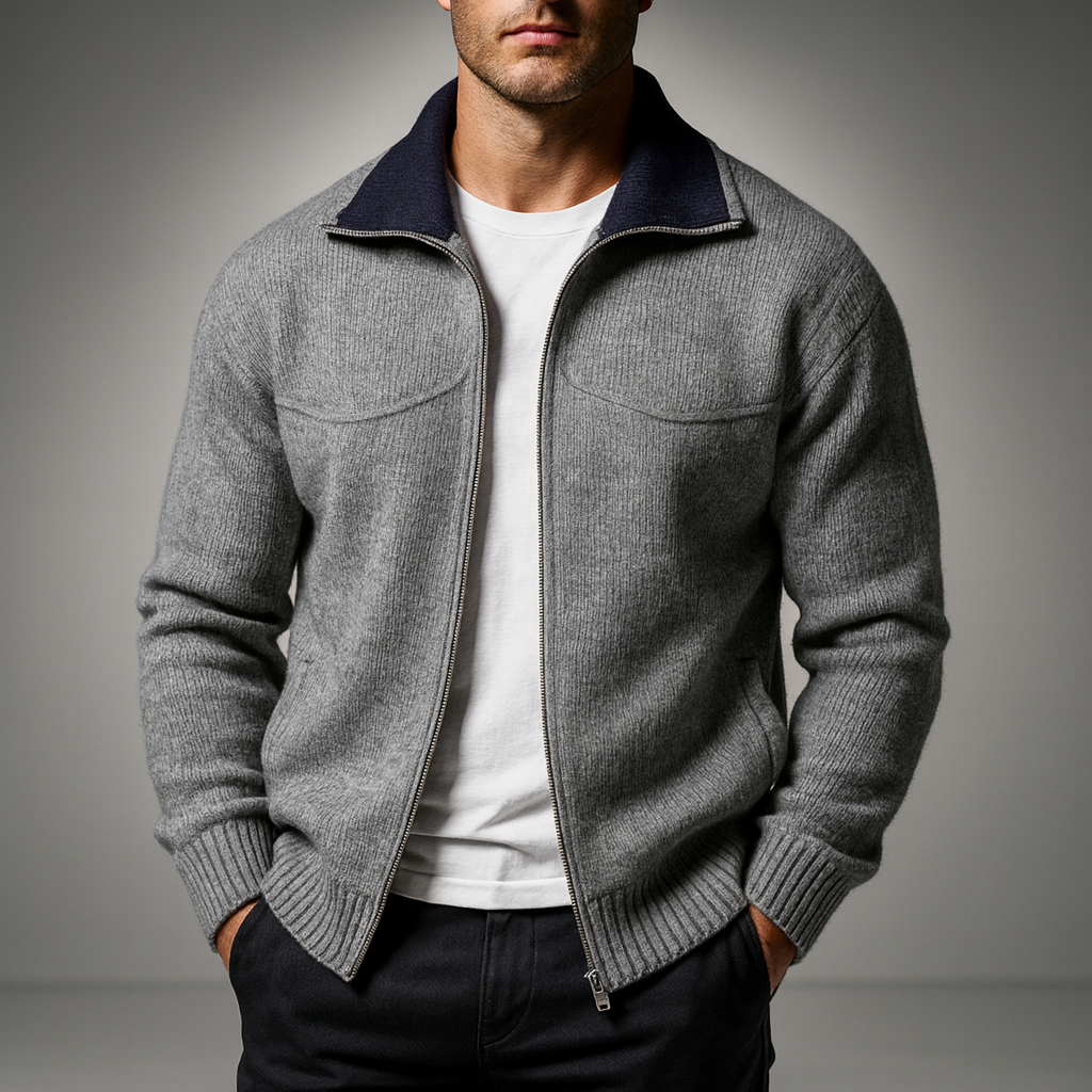 Men's Knit Zip-Up Cardigan with Mock Neck for Versatile Business and Casual Style