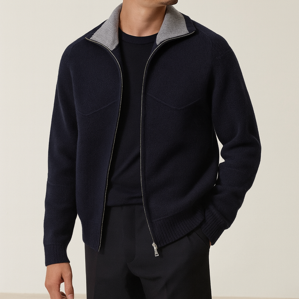 Men's Knit Zip-Up Cardigan with Mock Neck for Versatile Business and Casual Style