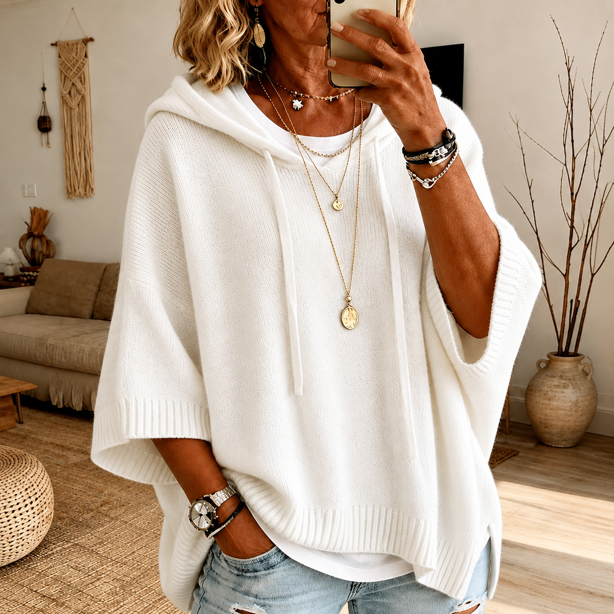 Womens' Knitted Hoodie Poncho Jumper