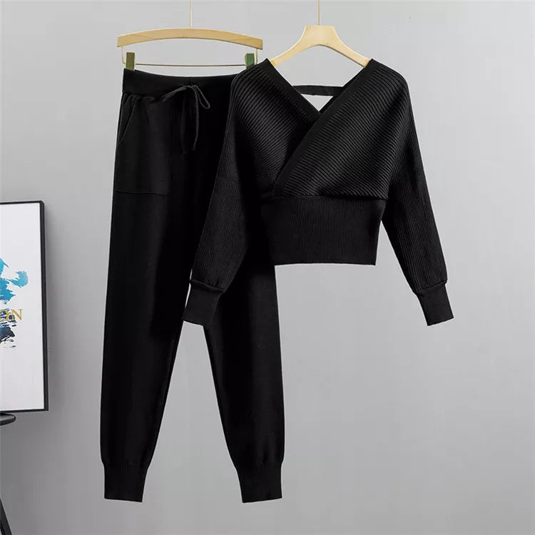 Women's V-Neck Ribbed Sweater and Jogger Set