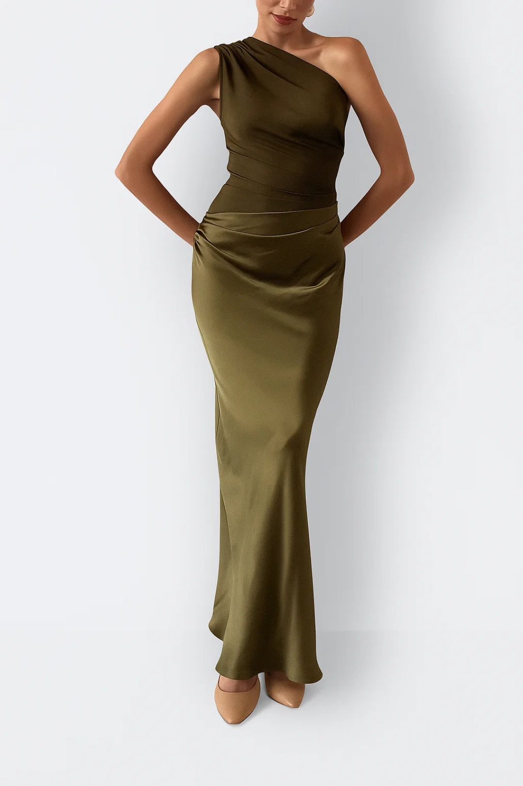 One Shoulder Maxi Dress with Pleated Waist for Women