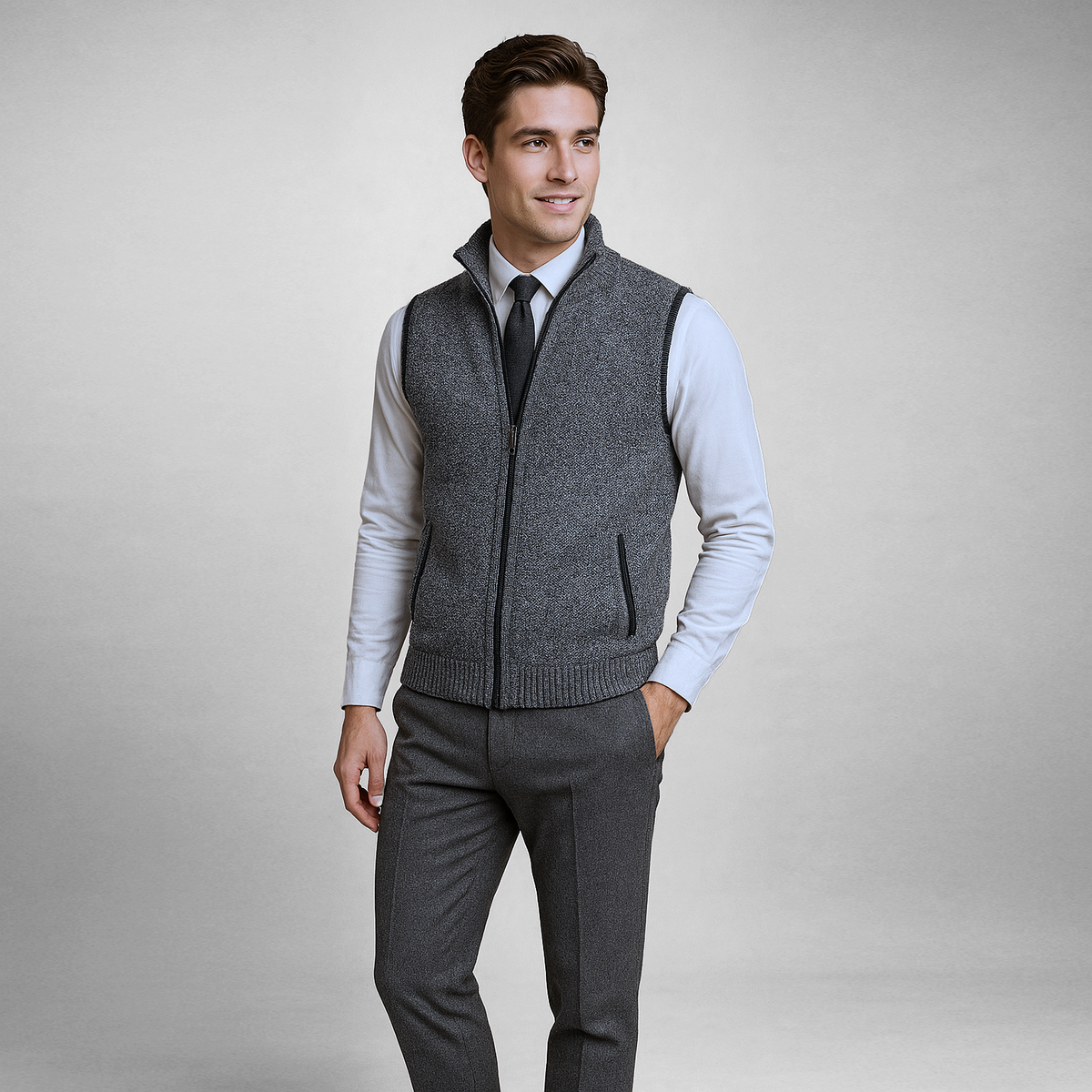 Men's Sleeveless Knitted Waistcoat with Stand-Up Collar and Zip Closure