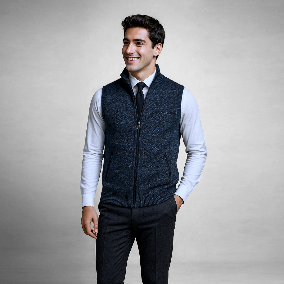 Men's Sleeveless Knitted Waistcoat with Stand-Up Collar and Zip Closure