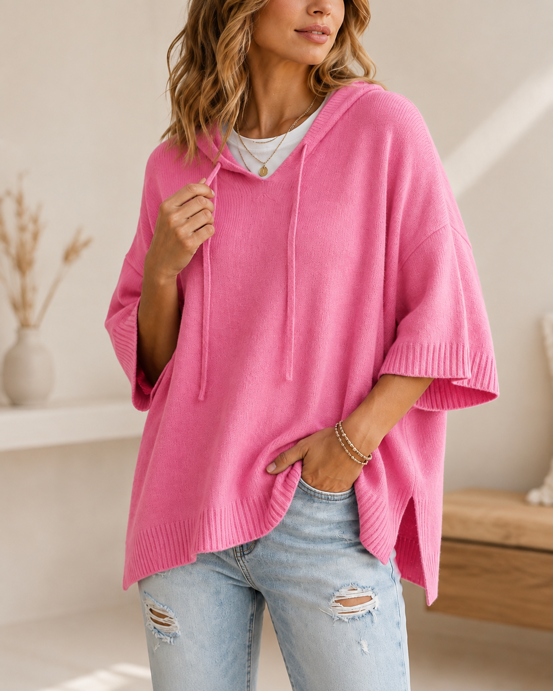 Relaxed Fit Women's 3/4 Sleeve Hoodie