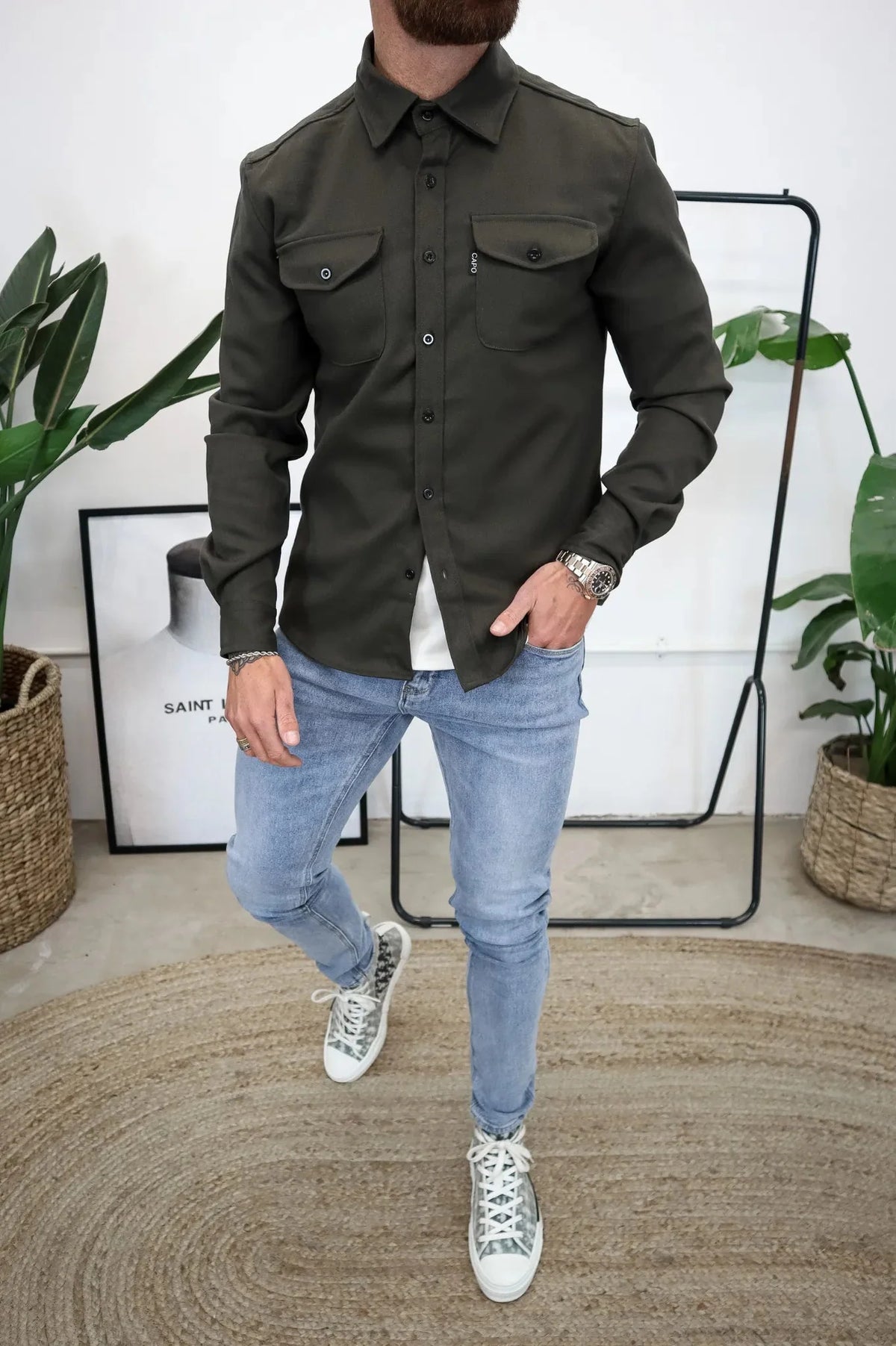 Men's Button-Up Shirt Jacket with Chest Pockets