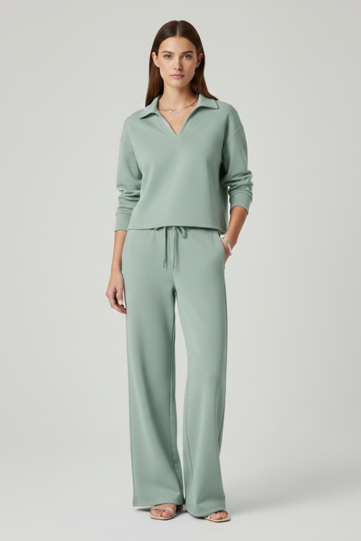 Co-ord Lounge Set for Women with V-Neck and Wide Trousers