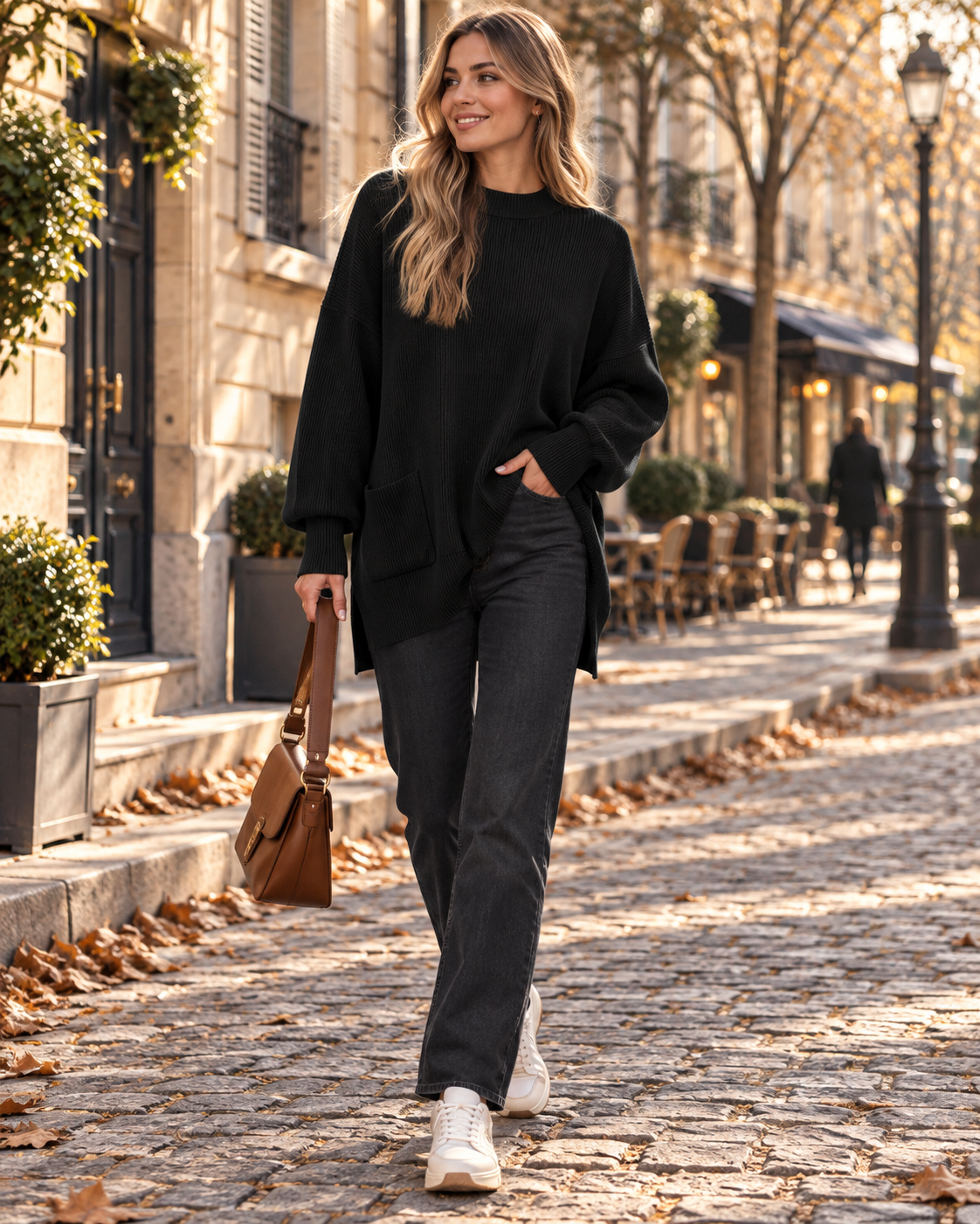 Maelva Women's Oversized Ribbed Knit Jumper – High Neck, Long Sleeves, and Side Slits
