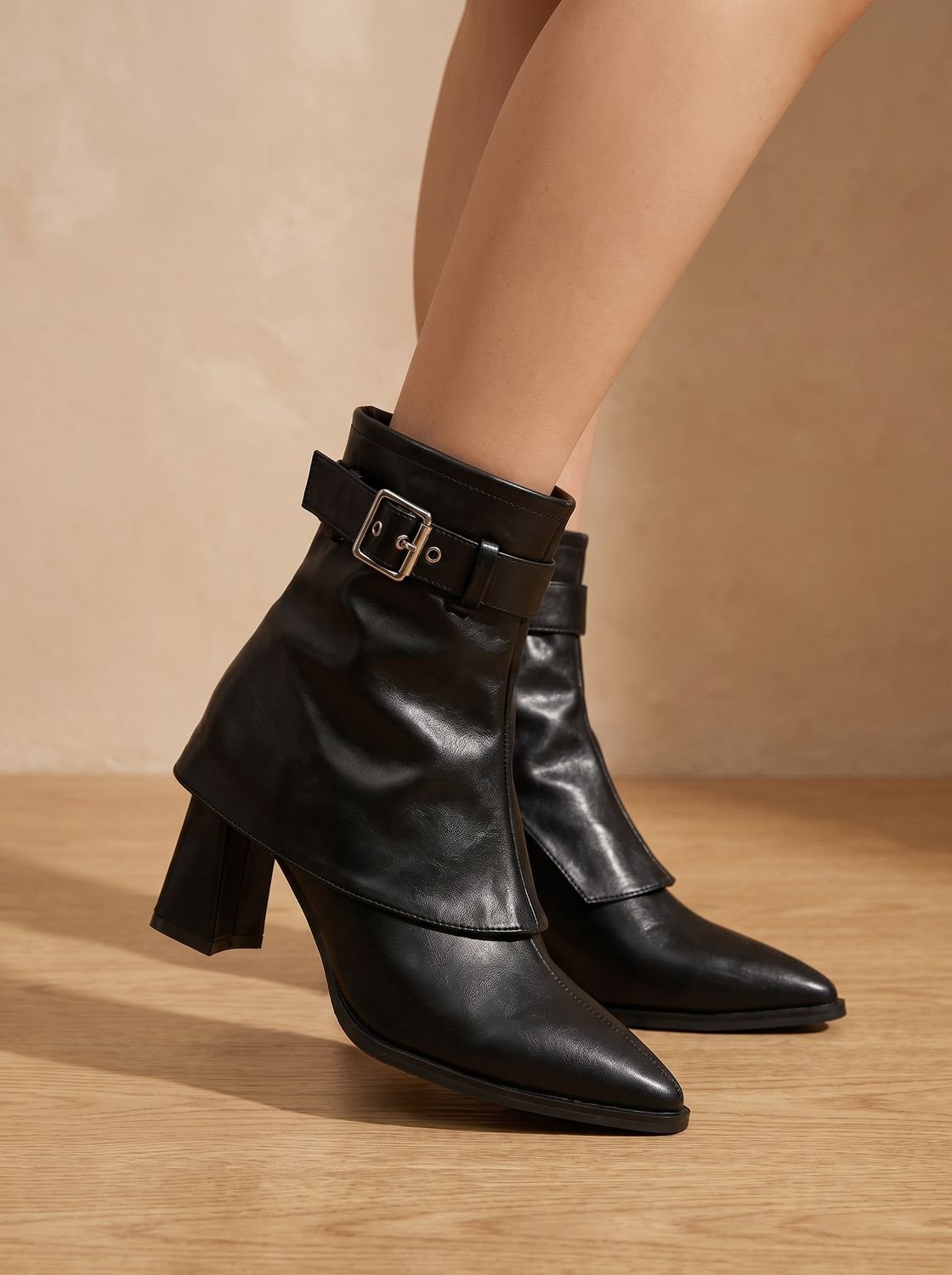 Women's Pointed Toe Ankle Boots with Block Heel and Buckle-Accented Folded Shaft