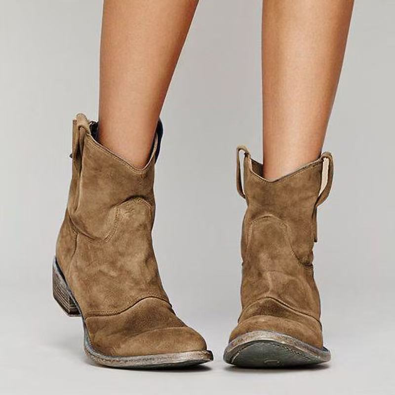 Women's Western Slouch Ankle Boots with Block Heel and V-Cut Top, Featuring Pull Tabs