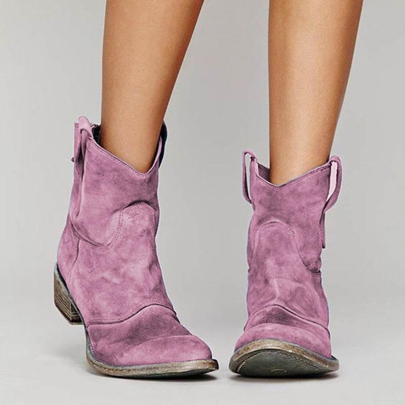 Women's Western Slouch Ankle Boots with Block Heel and V-Cut Top, Featuring Pull Tabs