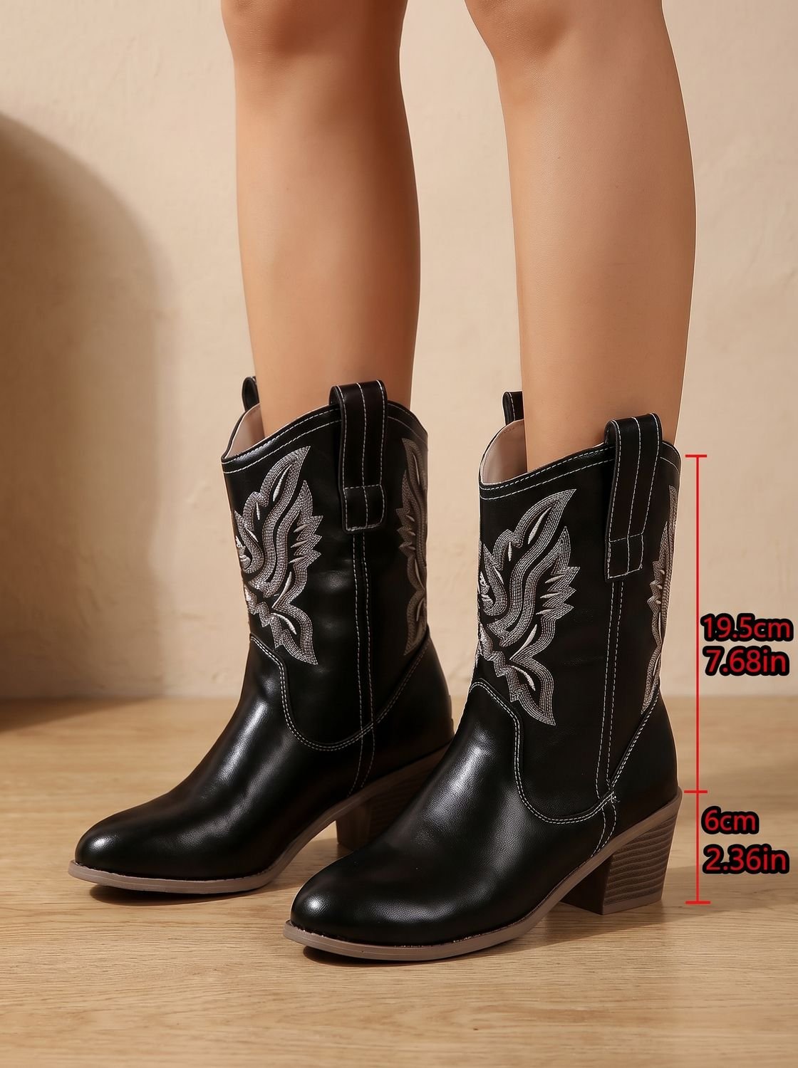 Embroidered Western Ankle Boots for Women with Block Heels and Pull Tabs