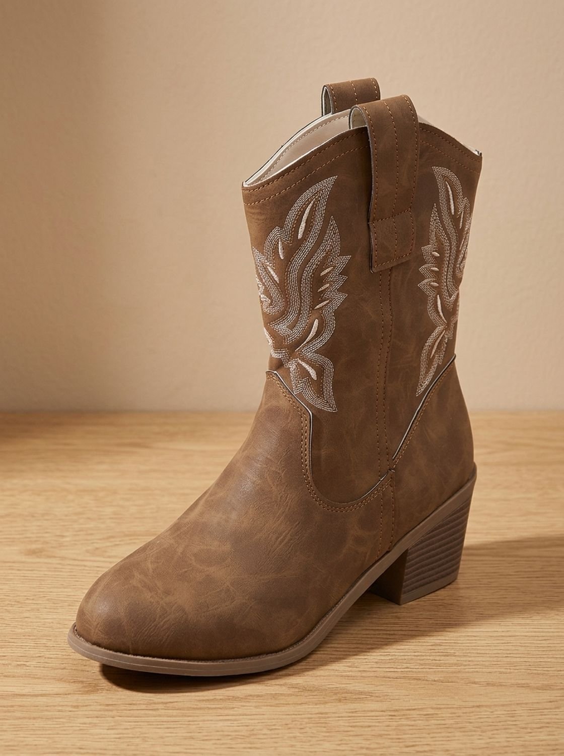 Embroidered Western Ankle Boots for Women with Block Heels and Pull Tabs