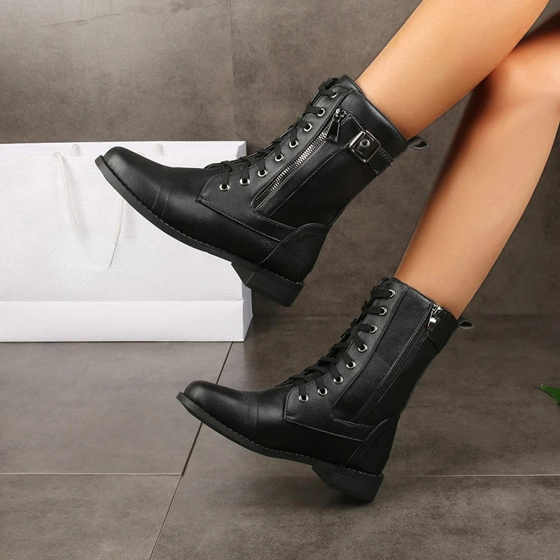Women's Lace-Up Combat Boots with Buckle Accents