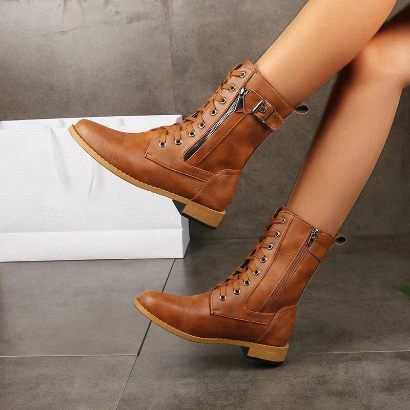 Women's Lace-Up Combat Boots with Buckle Accents