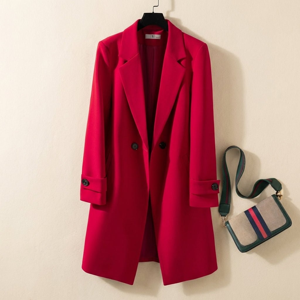 Thigh-Length Relaxed Fit Double-Breasted Coat for Women