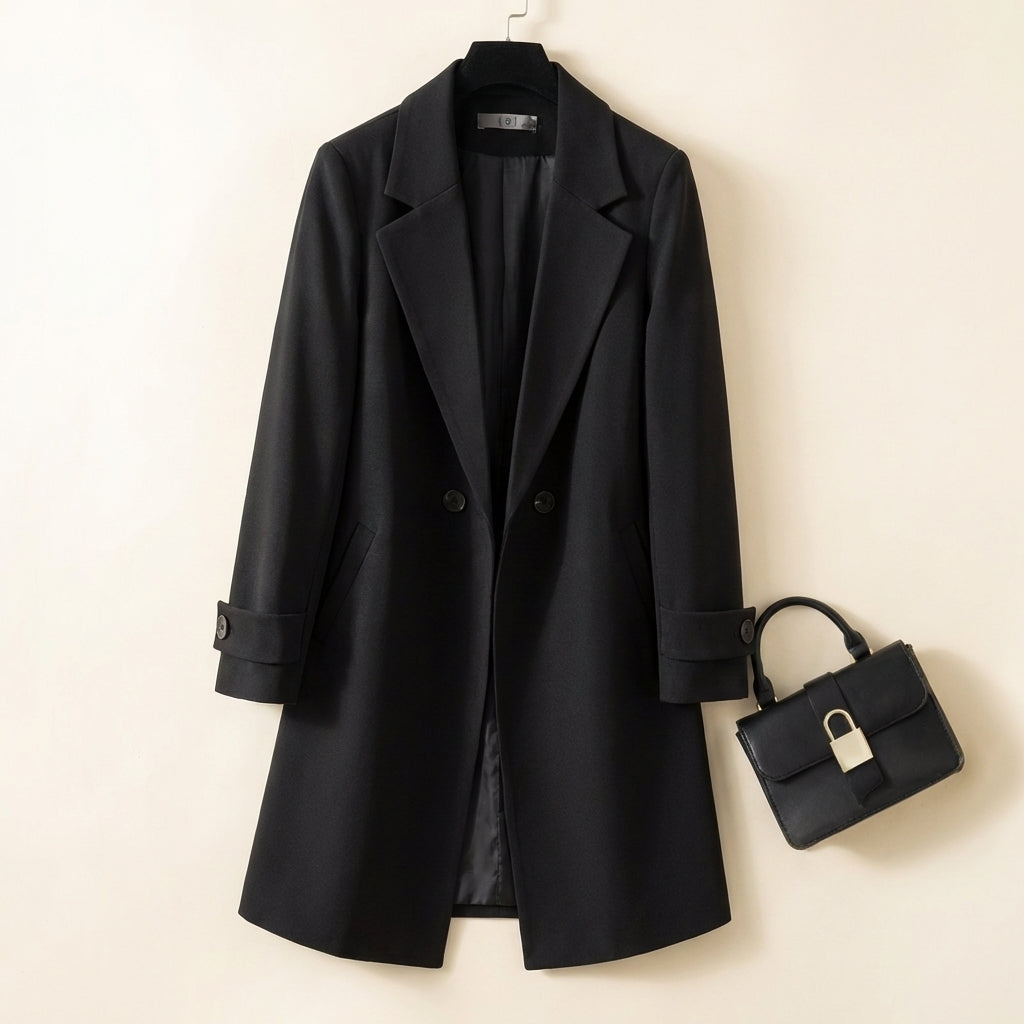 Thigh-Length Relaxed Fit Double-Breasted Coat for Women