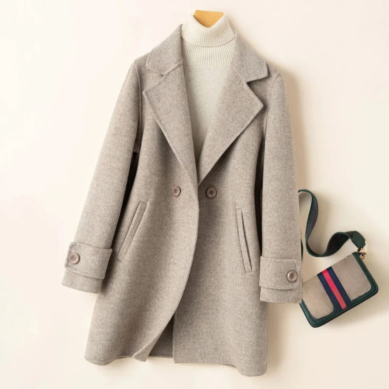 Thigh-Length Relaxed Fit Double-Breasted Coat for Women