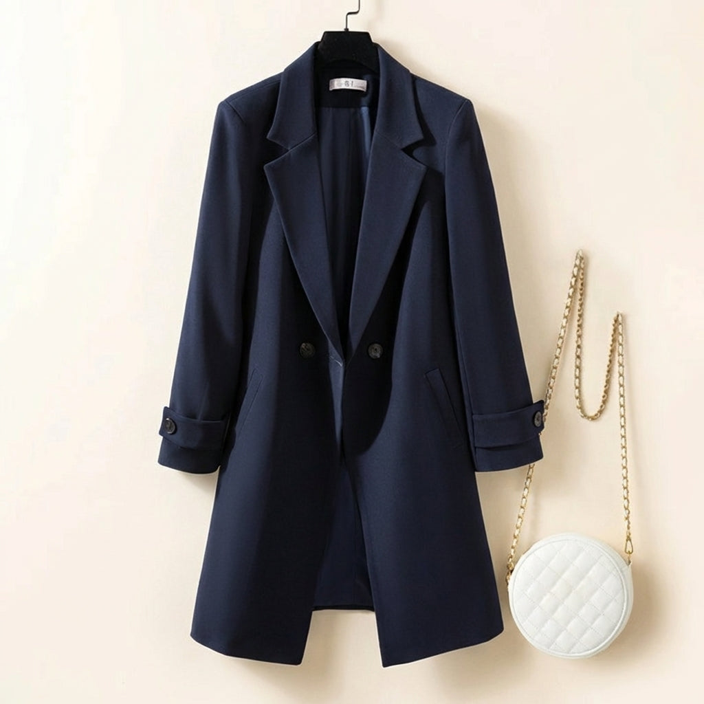 Thigh-Length Relaxed Fit Double-Breasted Coat for Women