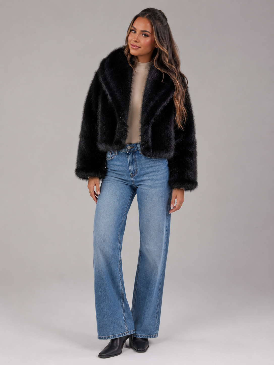 Cropped Oversized Women's Fur Jacket with Shawl Collar and Smooth Lining