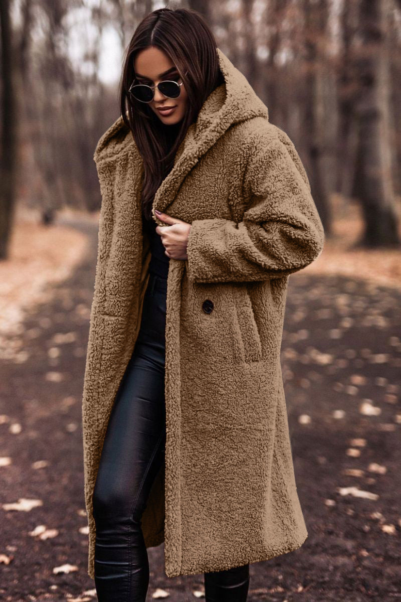 Mid-Calf Length Women's Hooded Coat with Button Front Closure