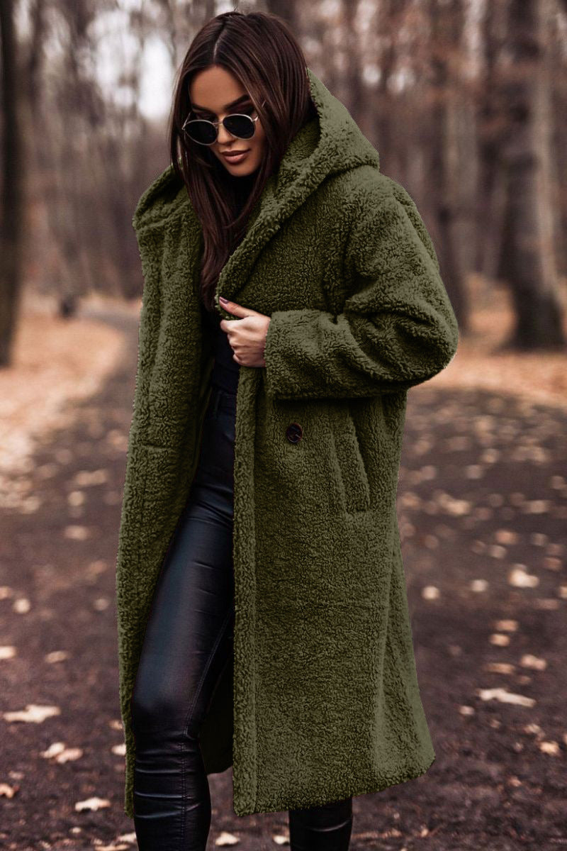 Mid-Calf Length Women's Hooded Coat with Button Front Closure