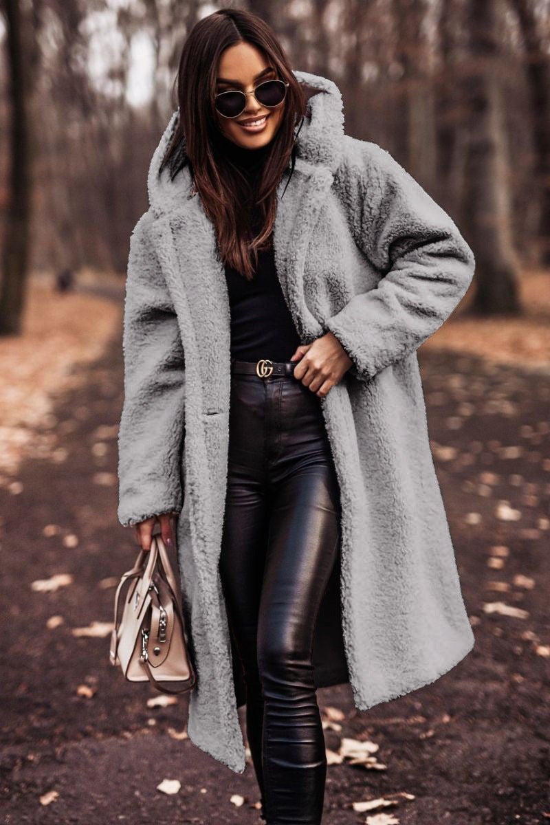 Mid-Calf Length Women's Hooded Coat with Button Front Closure