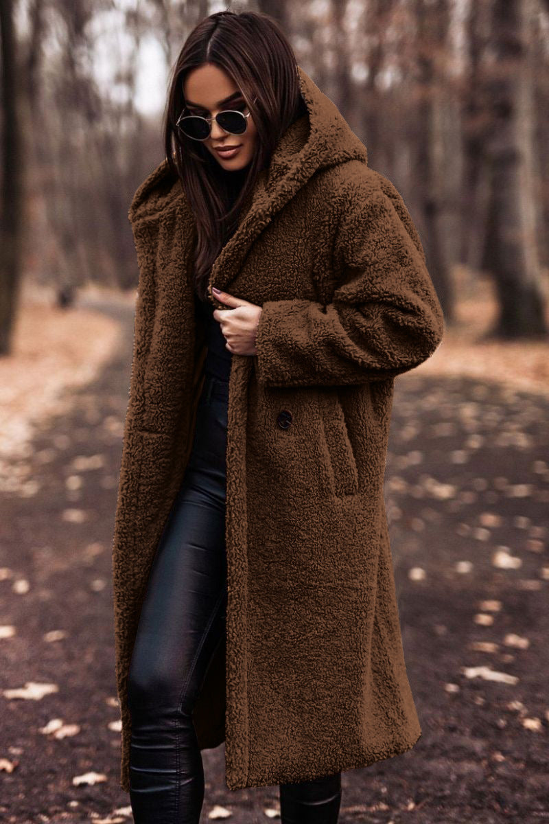 Mid-Calf Length Women's Hooded Coat with Button Front Closure