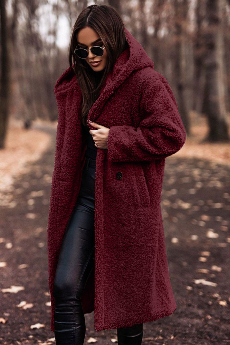 Mid-Calf Length Women's Hooded Coat with Button Front Closure