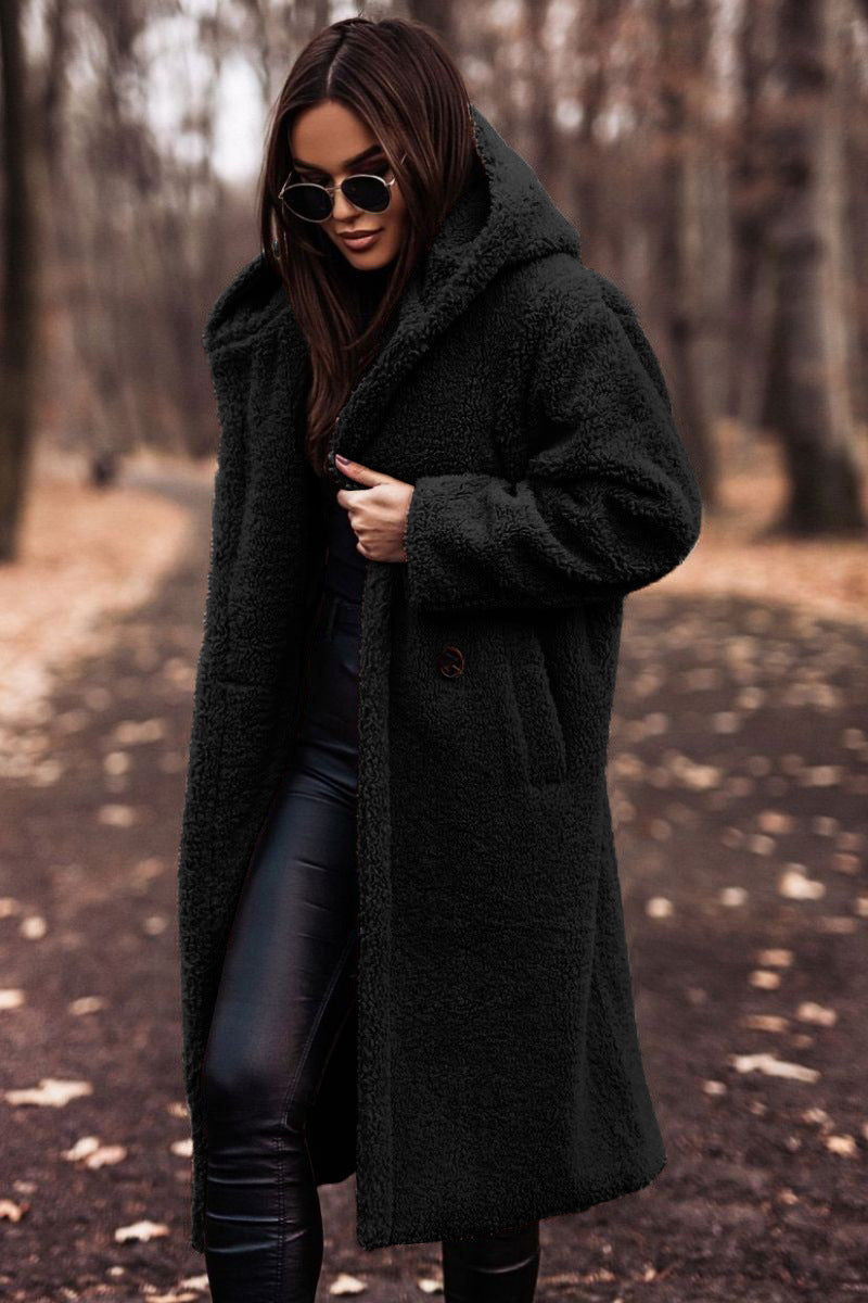 Mid-Calf Length Women's Hooded Coat with Button Front Closure