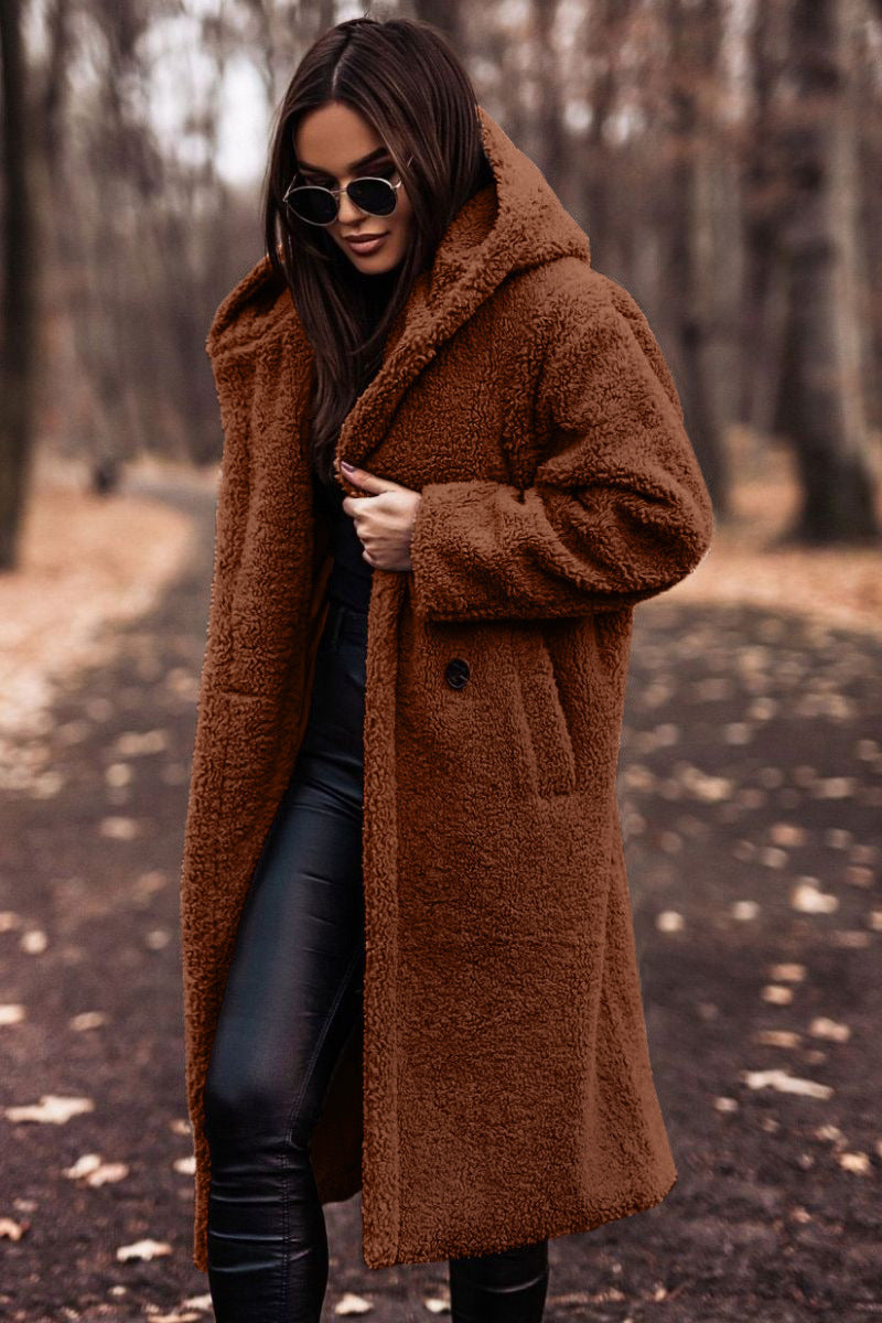 Mid-Calf Length Women's Hooded Coat with Button Front Closure