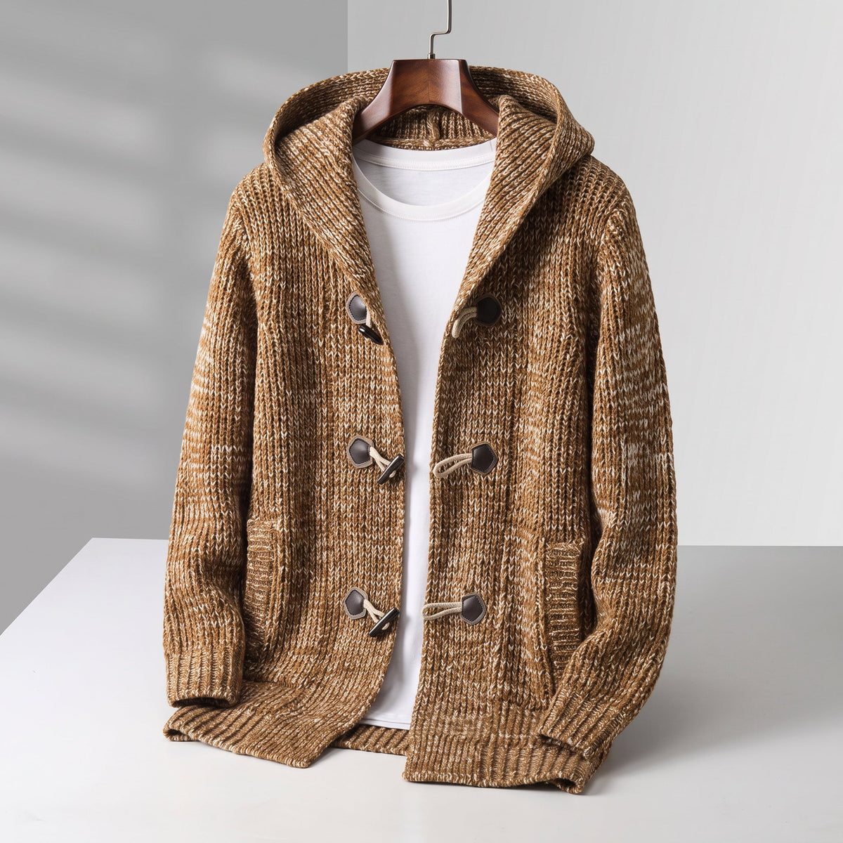 Women's Knit Hooded Cardigan with Toggle Closure and Spacious Pockets