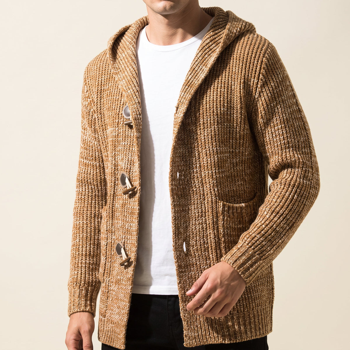 Women's Knit Hooded Cardigan with Toggle Closure and Spacious Pockets