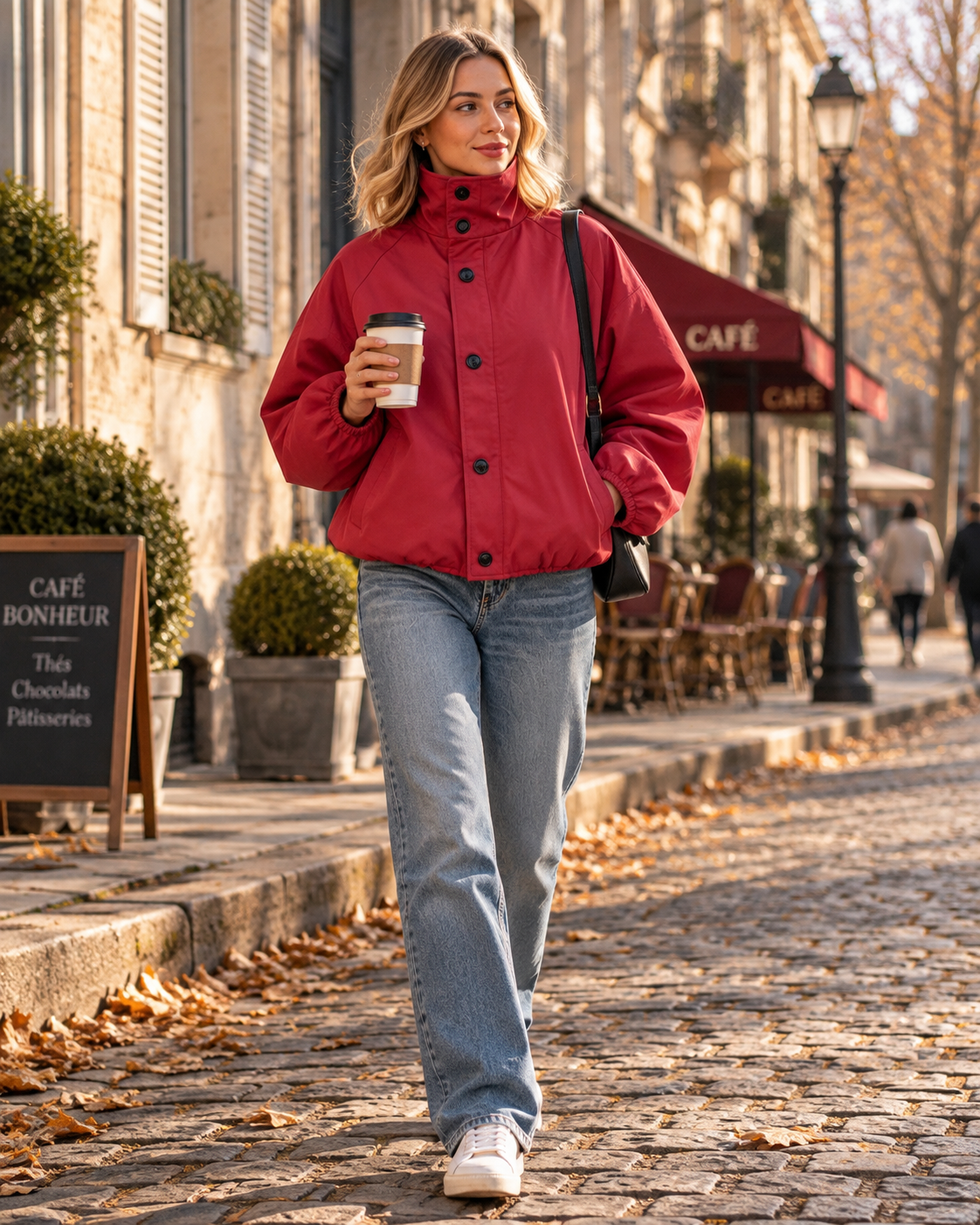 Women's Oversized High Neck Jacket with Balloon Sleeves and Button Closure