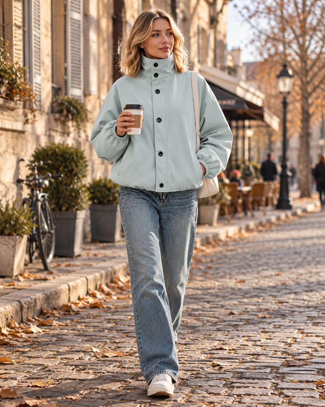 Women's Oversized High Neck Jacket with Balloon Sleeves and Button Closure