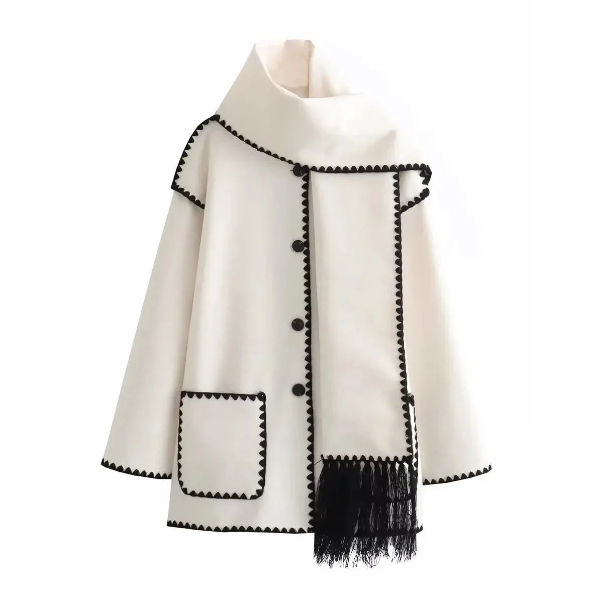 Relaxed Fit Funnel Neck Scarf Coat for Women - Knee-Length