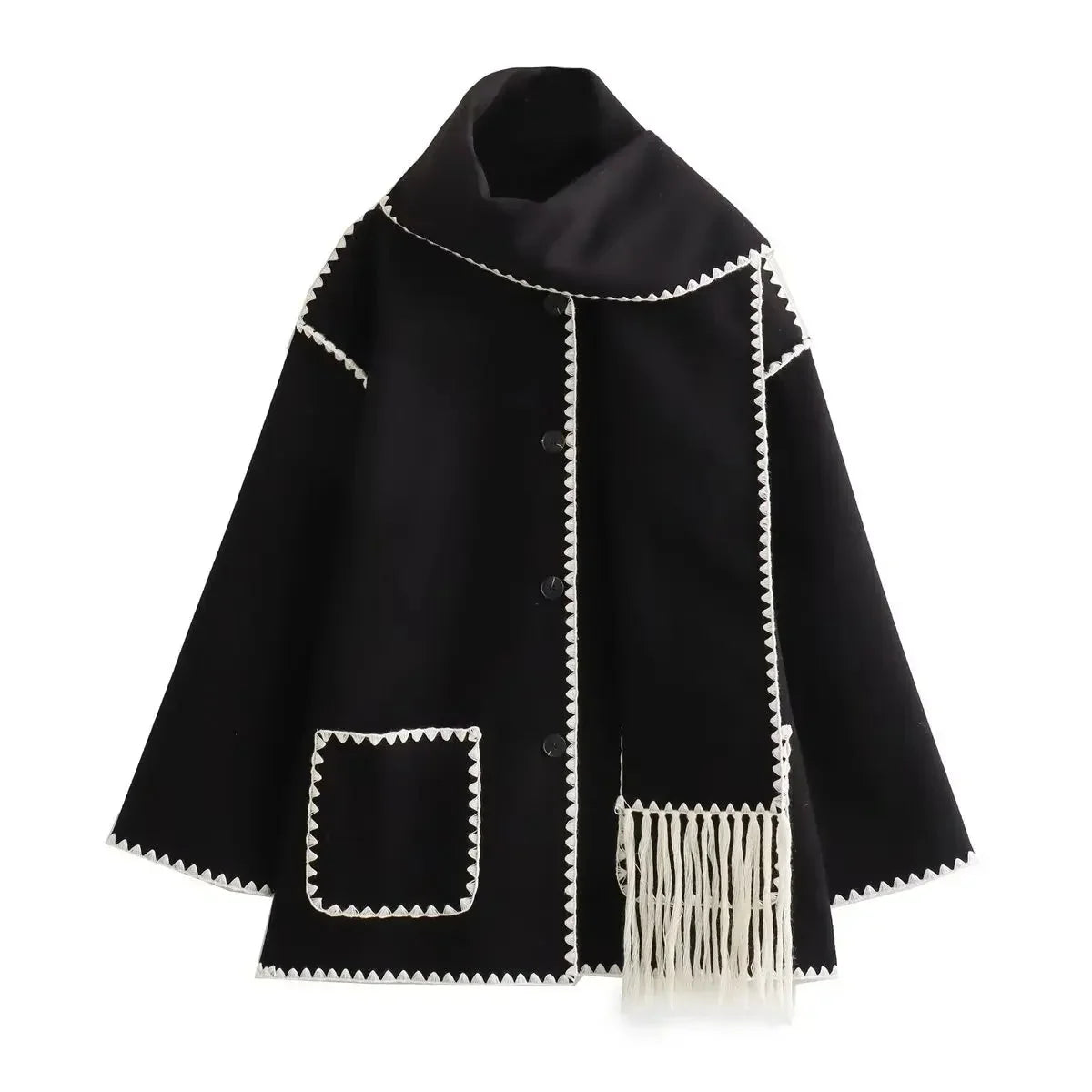 Relaxed Fit Funnel Neck Scarf Coat for Women - Knee-Length