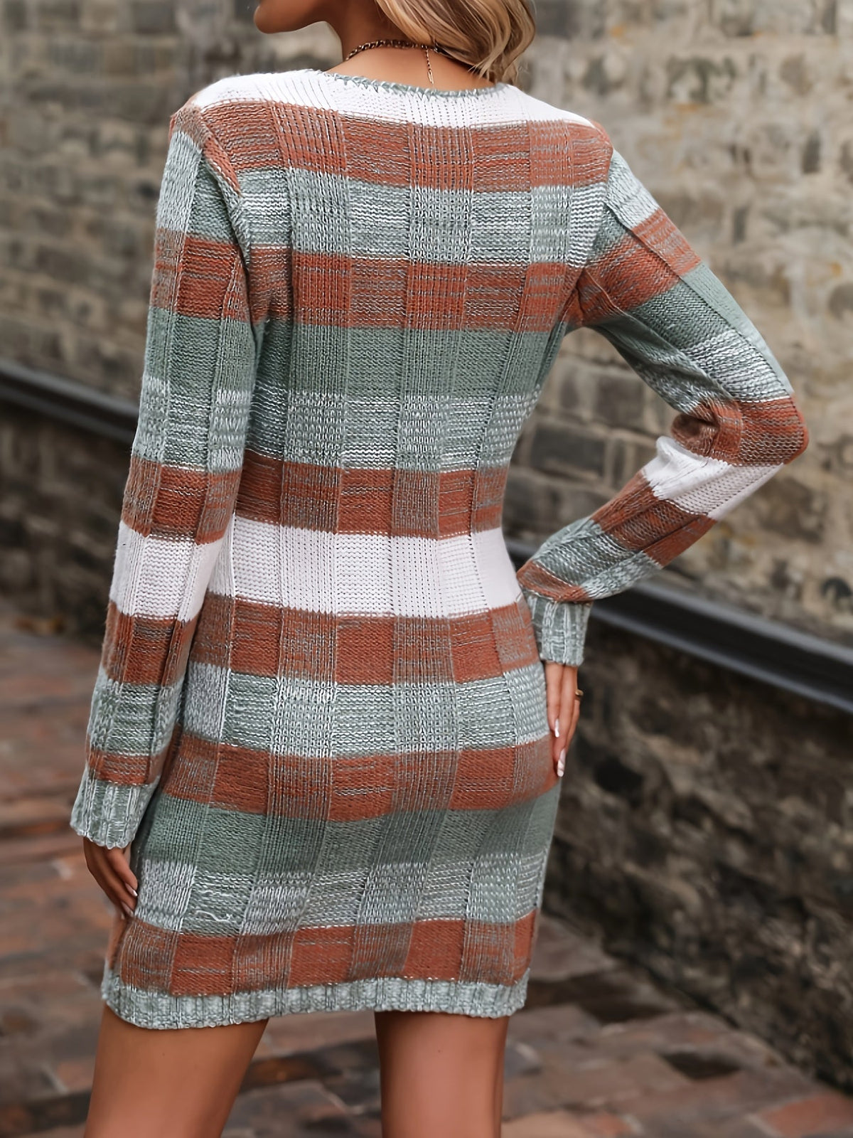 Color Block V-Neck Long Sleeve Knit Dress for Women with Panel Detail